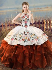 Dynamic Rust Red Lace Up Sweet 16 Dress Embroidery and Ruffles Sleeveless Floor Length
