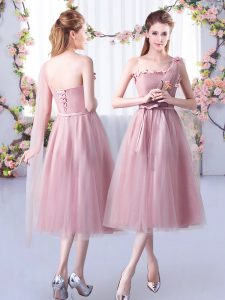 Pink Tulle Lace Up One Shoulder Sleeveless Tea Length Quinceanera Court Dresses Appliques and Belt
