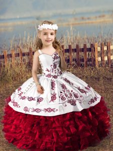 Latest Wine Red Organza Lace Up Little Girls Pageant Dress Wholesale Sleeveless Floor Length Embroidery and Ruffles