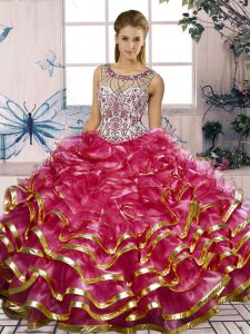 On Sale Beading and Ruffles Sweet 16 Dresses Fuchsia Lace Up Sleeveless Floor Length