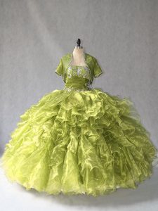Captivating Beading and Ruffles Sweet 16 Dress Olive Green Lace Up Sleeveless Floor Length