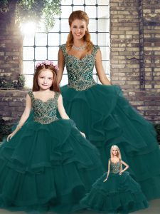 Lovely Straps Sleeveless Lace Up Quince Ball Gowns Peacock Green Tulle