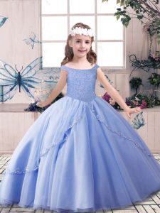 Blue Off The Shoulder Neckline Beading Little Girls Pageant Gowns Sleeveless Lace Up