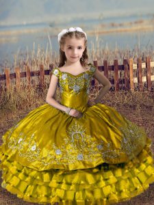 Brown Lace Up Off The Shoulder Embroidery and Ruffled Layers Kids Formal Wear Satin and Organza Sleeveless