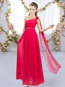 Red One Shoulder Neckline Beading and Hand Made Flower Quinceanera Court Dresses Sleeveless Lace Up