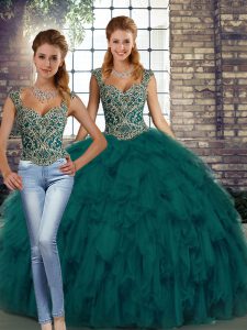 Discount Floor Length Peacock Green Ball Gown Prom Dress Straps Sleeveless Lace Up