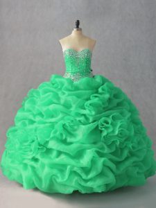 Green Sweetheart Lace Up Beading and Pick Ups and Hand Made Flower Sweet 16 Dresses Sleeveless