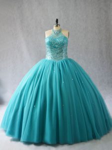 Beautiful Aqua Blue Quinceanera Gowns Tulle Brush Train Sleeveless Beading