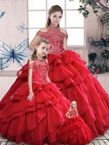 Customized Red Organza Lace Up 15 Quinceanera Dress Sleeveless Floor Length Beading and Ruffles