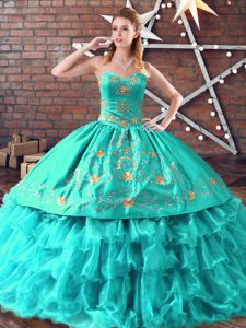 Sweetheart Sleeveless Vestidos de Quinceanera Embroidery and Ruffled Layers Aqua Blue Organza