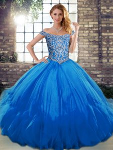 Fancy Blue Off The Shoulder Neckline Beading and Ruffles Sweet 16 Dress Sleeveless Lace Up