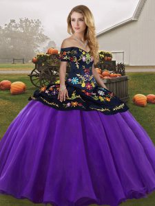 Popular Purple Off The Shoulder Lace Up Embroidery Ball Gown Prom Dress Sleeveless