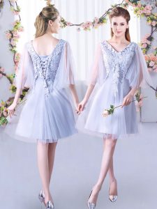 A-line Vestidos de Damas Grey V-neck Tulle Sleeveless Mini Length Lace Up