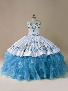 Popular Sweetheart Sleeveless Lace Up Ball Gown Prom Dress Blue Organza