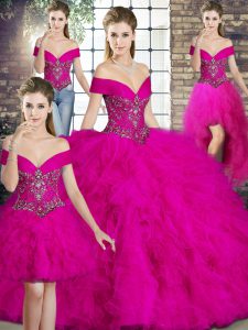 Fashion Fuchsia Sleeveless Floor Length Beading and Ruffles Lace Up 15th Birthday Dress