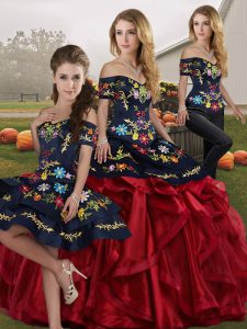 Off The Shoulder Sleeveless Quince Ball Gowns Floor Length Embroidery and Ruffles Red And Black Organza
