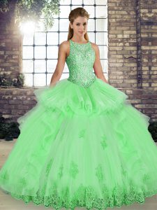 Tulle Lace Up Scoop Sleeveless Floor Length Sweet 16 Dress Lace and Embroidery and Ruffles