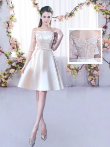 Graceful Half Sleeves Mini Length Lace and Belt Lace Up Dama Dress for Quinceanera with Champagne