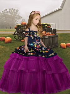 High Class Fuchsia Tulle Lace Up Straps Long Sleeves Floor Length Little Girls Pageant Dress Embroidery