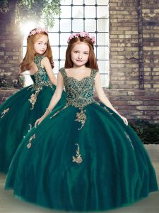 Superior Peacock Green Straps Neckline Appliques Glitz Pageant Dress Sleeveless Lace Up