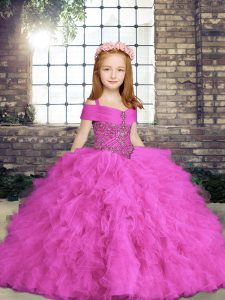 Lilac Girls Pageant Dresses Party and Wedding Party with Beading and Ruffles Straps Sleeveless Lace Up