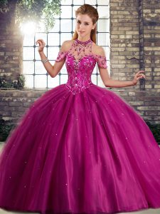 Traditional Fuchsia Sleeveless Tulle Brush Train Lace Up Quinceanera Dresses for Military Ball and Sweet 16 and Quinceanera