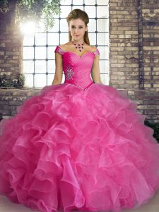 Glittering Off The Shoulder Sleeveless Quinceanera Gowns Floor Length Beading and Ruffles Rose Pink Organza