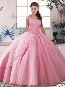 Rose Pink Sleeveless Tulle Brush Train Lace Up Sweet 16 Dresses for Military Ball and Sweet 16 and Quinceanera