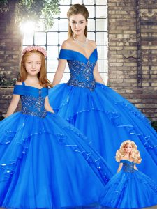 Adorable Floor Length Royal Blue Ball Gown Prom Dress Off The Shoulder Sleeveless Lace Up