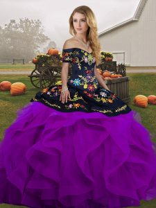 Exceptional Floor Length Black And Purple Quinceanera Gown Tulle Sleeveless Embroidery and Ruffles
