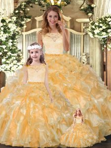 Gold Sleeveless Organza Clasp Handle Quince Ball Gowns for Military Ball and Sweet 16 and Quinceanera