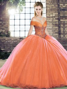 Dazzling Off The Shoulder Sleeveless Brush Train Lace Up Sweet 16 Dress Orange Red Organza
