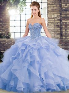 Beautiful Lavender Ball Gowns Tulle Sweetheart Sleeveless Beading and Ruffles Lace Up 15 Quinceanera Dress Brush Train