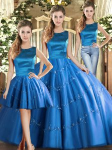 Blue Three Pieces Tulle Scoop Sleeveless Appliques Floor Length Lace Up Ball Gown Prom Dress