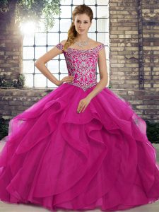 Colorful Fuchsia Lace Up Ball Gown Prom Dress Beading and Ruffles Sleeveless Brush Train