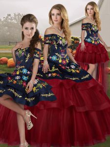 Clearance Embroidery and Ruffled Layers Sweet 16 Dresses Wine Red Lace Up Sleeveless Brush Train