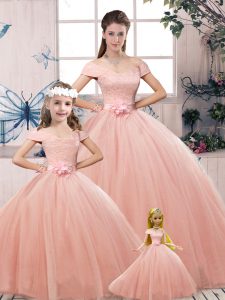 Pink Ball Gowns Tulle Off The Shoulder Short Sleeves Lace and Hand Made Flower Floor Length Lace Up Quinceanera Gown
