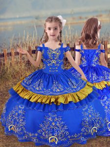 Blue Ball Gowns Beading and Embroidery Little Girls Pageant Gowns Lace Up Satin Sleeveless Floor Length