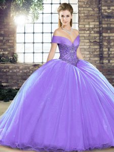 Lavender Off The Shoulder Neckline Beading Sweet 16 Dress Sleeveless Lace Up