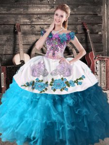 New Arrival Floor Length Teal Quinceanera Dress Organza Sleeveless Embroidery and Ruffles