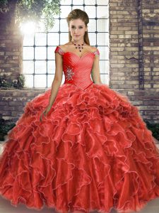 Coral Red Organza Lace Up Quince Ball Gowns Sleeveless Brush Train Beading and Ruffles