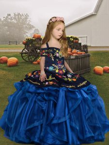 Inexpensive Embroidery and Ruffles Pageant Gowns For Girls Blue Lace Up Sleeveless Floor Length