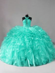 Aqua Blue Sleeveless Organza Brush Train Zipper Sweet 16 Dress for Sweet 16 and Quinceanera