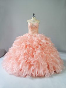 Elegant Peach Ball Gowns Scoop Sleeveless Organza Lace Up Beading and Ruffles Sweet 16 Quinceanera Dress