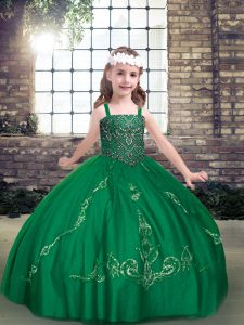 New Style Straps Sleeveless Kids Formal Wear Floor Length Beading Dark Green Tulle