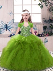 Floor Length Olive Green Little Girls Pageant Dress Tulle Sleeveless Beading