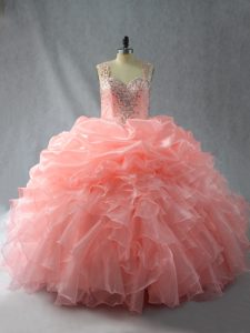 Sleeveless Floor Length Beading and Ruffles and Pick Ups Zipper Quinceanera Dress with Peach