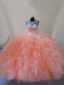 Peach Sleeveless Beading and Ruffles Lace Up Ball Gown Prom Dress