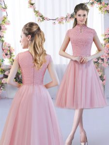 Pink Cap Sleeves Tulle Zipper Vestidos de Damas for Wedding Party