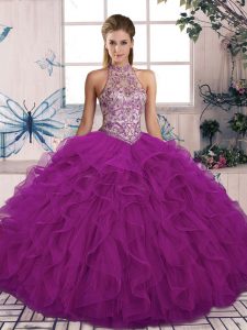 Sleeveless Tulle Floor Length Lace Up Sweet 16 Dresses in Purple with Beading and Ruffles